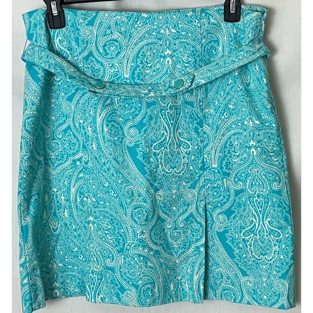 Talbots Petites Blue‎ Turquoise Straight Skirt w/ Belt Paisley Cotton Womens 14P